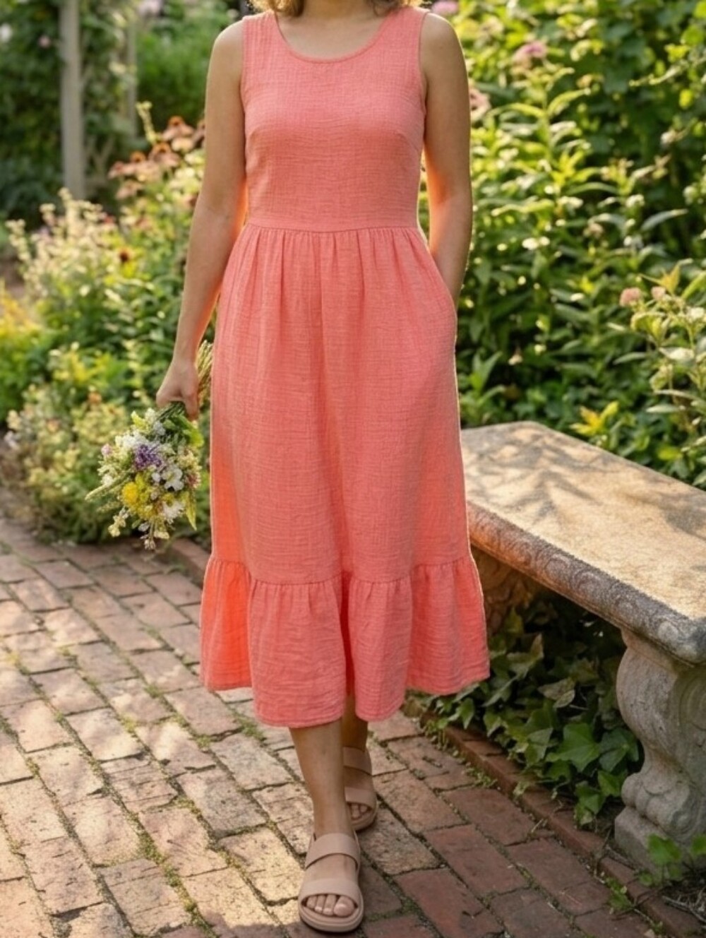 52seven Pink Crinkle Tiered Ruffle Midi Dress FITS S or M